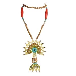 Southwestern Faux Stone Beaded Tan Turquoise Arch Burst Necklace 34"